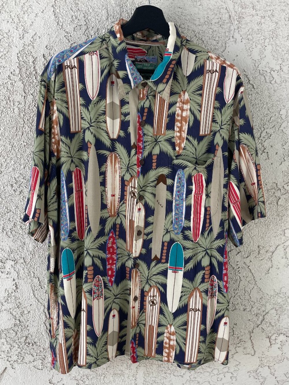 Vintage Reyn Spooner Surfboard Print Hawaiian Shirt XL Navy Rayon